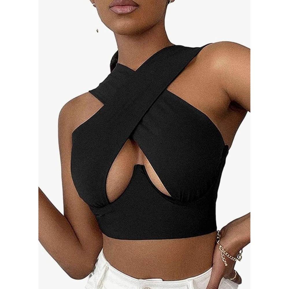 Womens Black Crisscross Halter Crop Top Underwire Detail Size Large